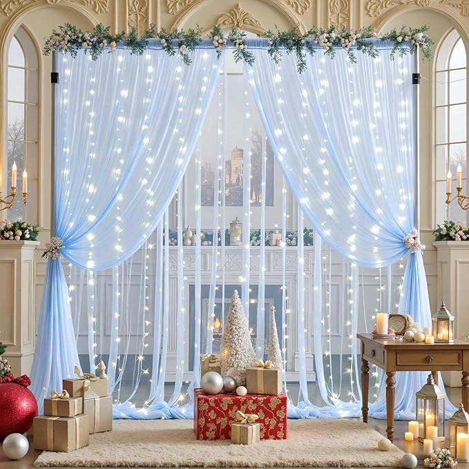10ft x 8ft Baby Blue Tulle Photo Backdrop Curtain with Lights String for Parties Wedding Sheer Blue Curtain Backdrop for Birthday Party Baby Shower Boy Photo Booth Photography Background Decorations