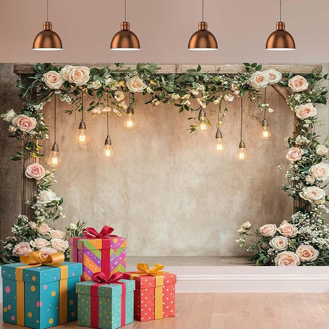 6x4ft Country Wedding Photography Backdrop Floral Rustic Roses Farmhouse Wooden Door Backdrop Pink Flower Birthday Baby Shower Wedding Bridal Party Banner Photo Booth Props Anniversary Background