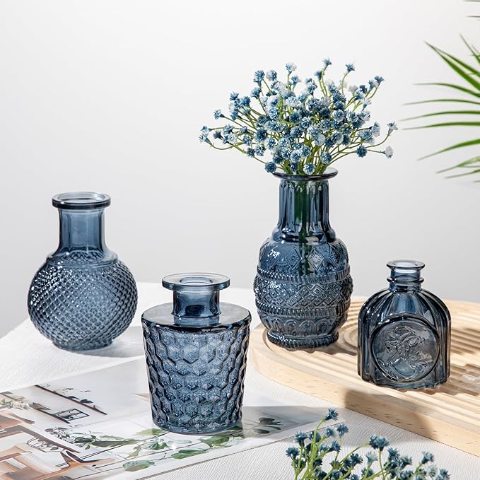 Glass Bud Vases Set of 10, Small Flower Vase in Bulk for Centerpieces, Mini Vintage Blue Vases for Rustic Wedding Vintage Home Table Decor