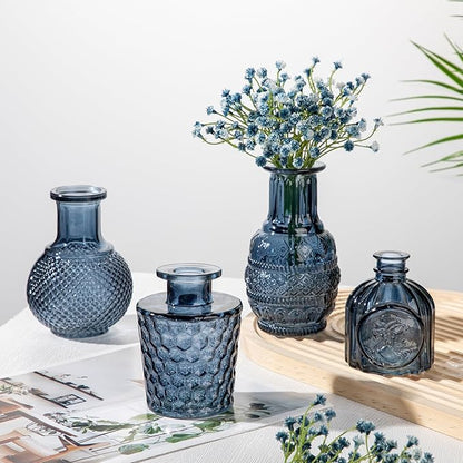 Glass Bud Vases Set of 10, Small Flower Vase in Bulk for Centerpieces, Mini Vintage Blue Vases for Rustic Wedding Vintage Home Table Decor