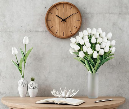 White Faux Tulips (20 Pcs) - Premium PU Artificial Flowers for Christmas & Thanksgiving Table Setting, Winter DIY Home Decor - 13.5" Real Touch