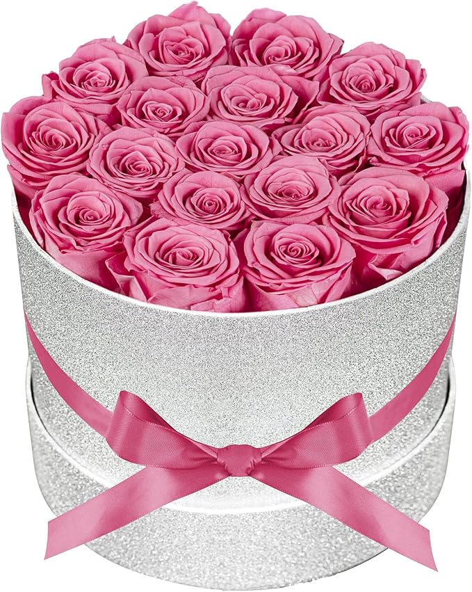 17 Pink Flowers in Glitter Box, Birthday Gifts for Women, Preserved Flowers, Mothers Day Roses Gift for Mom