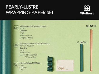 Vitalizart Green Wrapping Paper Set 17" Pearly-Lustre With Silk Like Satin Ribbon & Gift Tags Recyclable Christmas Gift Wrapping Birthday Baby Shower Wedding Handmade Crafts 197"(16.4 Ft)
