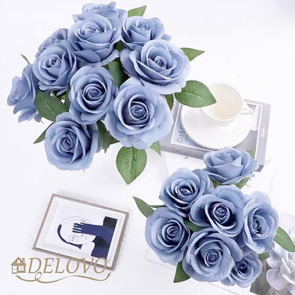 52pcs Dusty Blue Roses Artificial Flowers Fake Flowers Silk Roses with Stems for DIY Wedding Bouquets Bridal Shower Centerpieces Arrangements Party Decorations