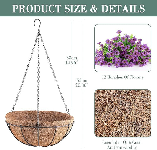 Artificial Flowers Hanging Plants in Basket,Artificial Hanging Flowers for Outdoor Indoor Decor,UV Resistant Hanging Baskets with Fake Flowers for Patio Garden Porch Deck Decoration