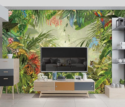 Tropical Botanical Animal Floral Bird Wallpaper Woodland Forest Tree Nursery Kids Bedroom Plant murals Living Room tv Background Large Wall Mural - 91"x65" Not Peel and Stick