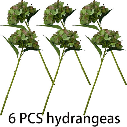 Green Hydrangea Artificial Flowers,6 Pcs Faux Green Hydrangea Flowers, Artificial Hydrangeas Flowers with Stems,Fake Hydrangea Flowers, Hydrangea Silk Flowers (6, Green)