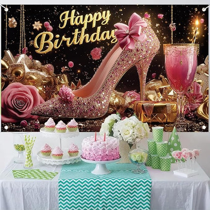 Luxury High Heel Birthday Backdrop Banner Pink Glitter Shoe Photography Background Rose Gold Decor for Women Girls Party Decorations Fashion Booth Studio Props 71 x 43 Inch