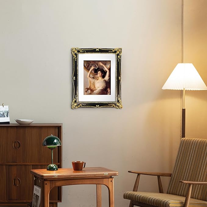 SIMON'S SHOP 11x14 Picture Frame Matted to 8x10 Photo, Vintage Black Picture Frames 11x14 with Mat, Baroque Style Wall and Tabletop Display Poster Frames