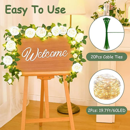 2 Pcs Flower Garland with 19.6 Ft Lights, 13.2 Ft White Floral Garland Fake Flowers for Wedding Arch Party Wall Garden Room Decor