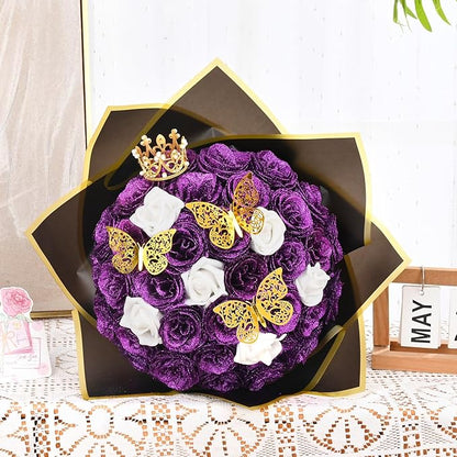 36+20 Glitter Roses Bouquet, DIY Fake Flowers Bouquet, Craft the Initials of Your Loves' Name with Artificial Rose for Valentines, Anniversary, Wedding, Mothers Day Gifts, Purple & White