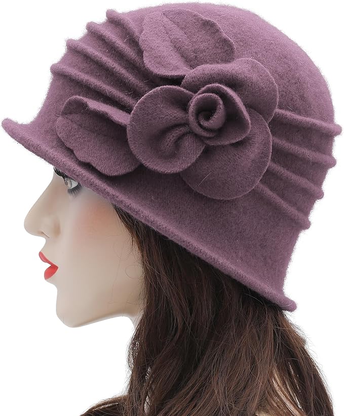 ZLYC Women Wool Cloche Bucket Hat 1920s Vintage Dress Winter Hats with Flower Accent