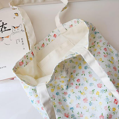 Cotton Canvas Tote Bag Reusable Soft Grocery Cloth Bag Floral Shoulder Bag for Beach Travel Shopping