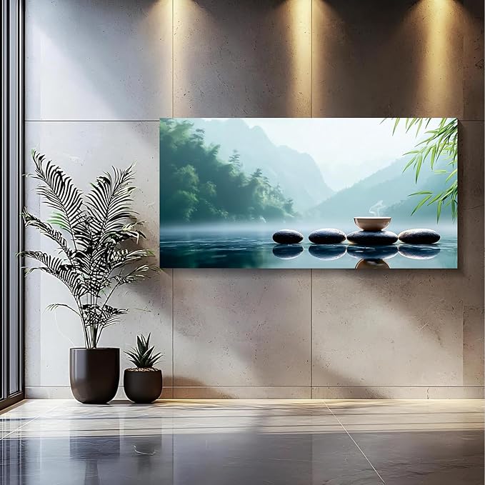 Iallbin Zen Stone Wall Art & Zen Wall Decor, Tranquil misty pond two white lotus flowers -for Yoga Meditation Room, Spa & Bathroom, Green Serenity Art Deco Style, Ready to Hang, 58x29 Inches