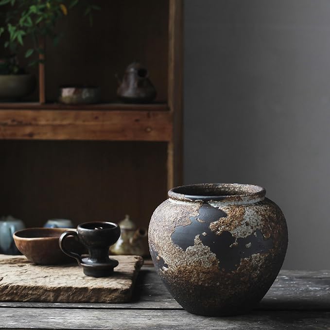 Denique Rustic Vase for Home Decor, Farmhouse Terracotta Vases, Large Ceramic Vase for Living Room Decor, Black Pottery Vase Large Clay Vase, Rustic Farmhouse Tabletop Decor(A-20cm)