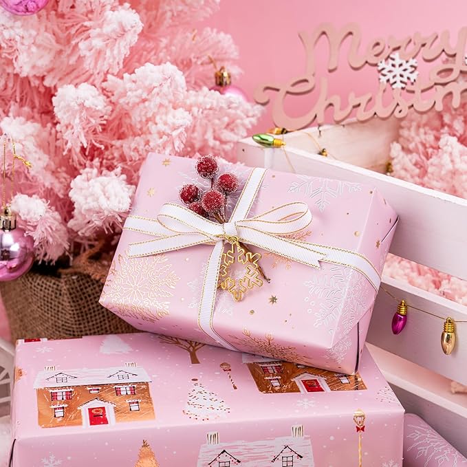 WRAPAHOLIC Christmas Wrapping Paper Roll - Mini Roll - 3 Rolls - 17 Inch X 120 Inch Per Roll - Pink and Gold House, Christmas tree, Snowflake Holiday Collection with Metallic Foil Shine