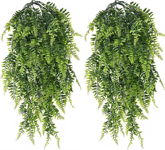 Artificial Boston Hanging Plants, Fake Ferns Ivy Plastic Plant Vine Faux Leaves UV Resistant Vines Greenery for Indoor Outdoor Bathroom Decor Office Garden Party Wedding DIY Decoration 4 Pack