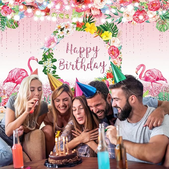 Renaiss 12x8ft Pink Flamingo Happy Birthday Backdrop Tropical Leaves Floral Hoop Winkle Hawaiian Photography Background Luau Aloha Party Decor Girls Birthday Photo Props Dessert Gift Table Banner