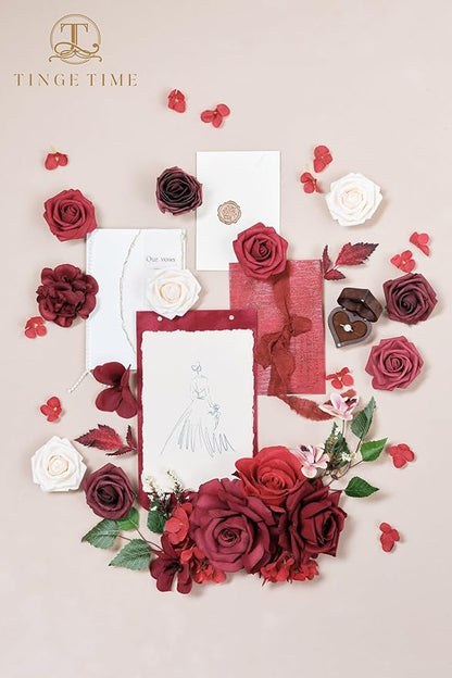 TINGE TIME Artificial Flowers Combo Mix Silk Flowers Red Roses w/stem for DIY Wedding Bridal Bouquets Baby Shower Floral Arrangement Table Centerpieces Home Decorations (Burgundy)