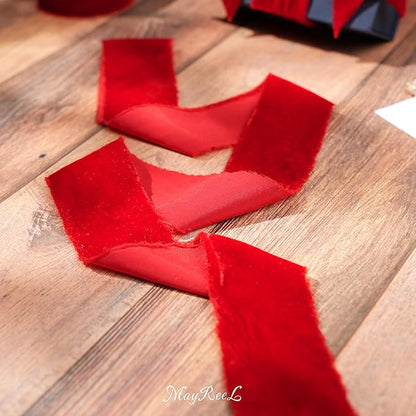 MAYREEL 2 Inch Red Velvet Ribbon Hand Torn Crimson Silk Frayed Edge for Christmas Gift Wrapping Bridal Bouquets Invitations Wedding Vow Books Gift Baskets 3 Yards