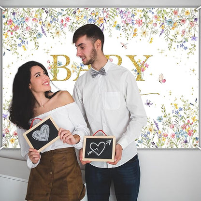 Avezano Baby in Bloom Backdrop Wildflower Baby Shower Party Decorations Watercolor Floral Baby in Bloom Banner Gold Glitter Butterfly Photography Background Cake Table Banner (7x5ft)