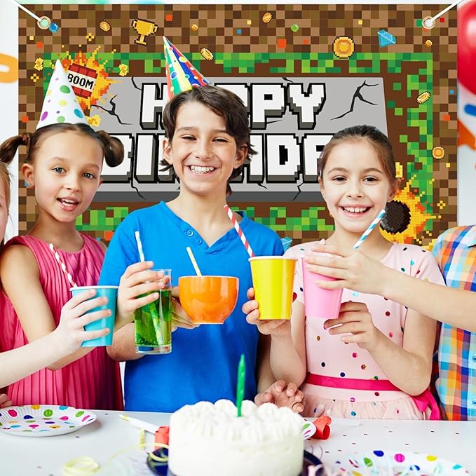 Pixel Birthday Backdrop Banner, 5x3ft/150x100cm Video Game Theme Happy Birthday Backdrop Decoration for Pixel Theme Kids Game Party Decoration Supplies
