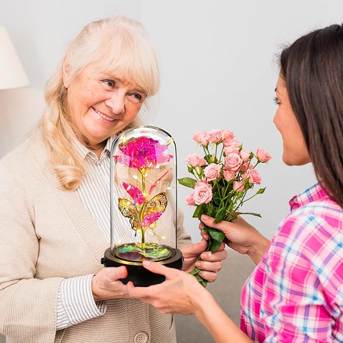 Birthday Rose Flower Gifts for Women, Glass Flower Gift for Mom from Daughter Son, Pink Light Up Rose in Glass Dome with Music Box for Her Wife Grandma