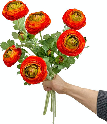 ATFL Orange red Ranunculus Artificial Flowers,6 Pcs Artificial Faux Silk Ranunculus Flowers with Real Touch Stems,Fake Peony Flowers for Floral Arrangements DIY Wedding Bouquet Party Table Home Decor