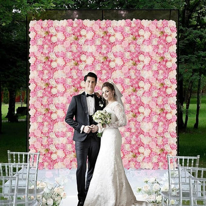 3D Flower Wall Backdrop - 12Pcs Artificial Flower Wall Panel 15 * 15inch Decoration Pink and White Roses Wall for Home Party Wedding Anniversary Birthday
