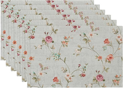 QIYI Boho Placemats Set of 6, 12x18 Inch Linen Fabric Floral Place Mats for Kitchen Dinning, Farmhouse Rustic Cloth Table Mats, Washable Placemat Party Table Décor, Vintage Pink Flowers