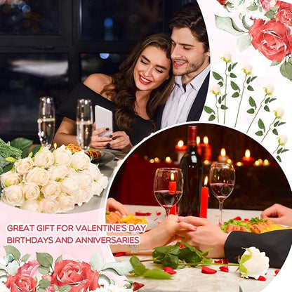 Jexine 50 Pcs Artificial Rose Flower Bulk Realistic Silk Fake Roses with Long Stem Plastic Artificial Flower Bouquet Real Looking for Home Wedding Centerpieces Party Decoration(Beige Champagne)