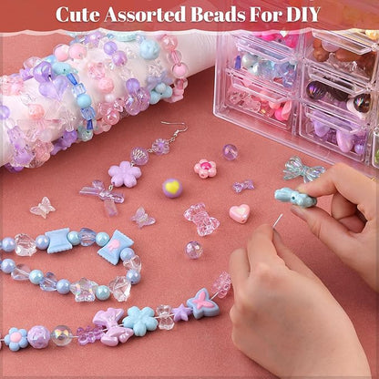 Assorted Acrylic Beads, 130-180PCS 3 Mixed Colors Cute Beads for Bracelet Making, GummyBear Bow Flower Kawaii Charms for Jewelry Making DIY Necklace Keychain Phone Charm Christmas Gift