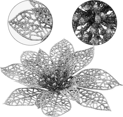 Boao Silver 24 Pieces Poinsettia Flower Christmas Glitter Artificial Poinsettia with Clips Christmas Tree Ornament Decorations for DIY Xmas Wreath Holiday Home Party Decor, 3/4/6 Inches