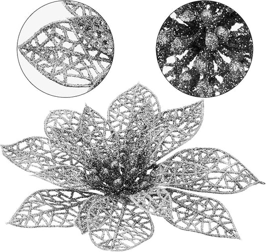 Boao Silver 24 Pieces Poinsettia Flower Christmas Glitter Artificial Poinsettia with Clips Christmas Tree Ornament Decorations for DIY Xmas Wreath Holiday Home Party Decor, 3/4/6 Inches