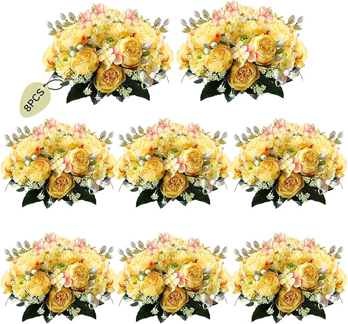 ASTRYAS 8Pcs Yellow Peonies Artificial Flowers, Fake Silk Peony Faux Peonies Flowers for Decoration Florals Arrangements Centerpiece Table Wedding Party Home Decor(8,Yellow)
