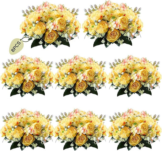 ASTRYAS 8Pcs Yellow Peonies Artificial Flowers, Fake Silk Peony Faux Peonies Flowers for Decoration Florals Arrangements Centerpiece Table Wedding Party Home Decor(8,Yellow)