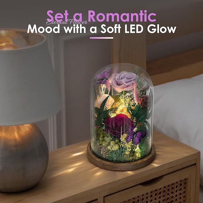 NOVEINN Preserved Flowers in Glass Dome - Eternal Rose Arrangement with Real Preserved Plants, Romantic Forever Rose Gift for Women - Anniversary, Birthday, Mother’s Day, Home Decor(Purple)