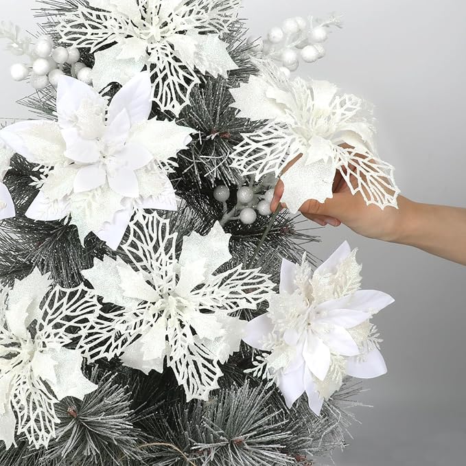 Sawowkuya 22 Pcs White Poinsettia Artificial Flowers & Glitter Berries Stems Kit, Christmas Poinsettias Decorations & Ornaments for Xmas Home Wedding Holiday Tree Decor