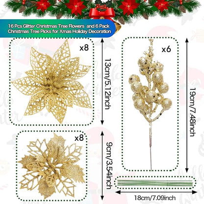 Zhuqing 22Pcs Christmas Poinsettia Artificial Flowers and Glitter Berries Stems Kit, 16Pcs Christmas Tree Flowers Ornaments and 6 Pack Christmas Tree Picks for Wedding Holiday Decorations (Gold)