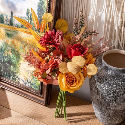 Fake Silk Flowers Bouquet Faux Centerpieces with Roses, Gerberas, Hydrangea etc, Realistic Artificial Floral Arrangements for Home Kitchen Decor