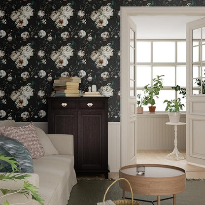 Dark Wallpapr Peel and Stick Boho Wallpaper 17.5in x 393in Black Floral Contact Paper Waterproof Self Adhesive Vintage Large Floral Wall Paper for Bedroom Walls Cabinet Decor