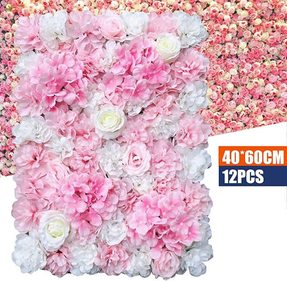 16"x 24" Artificial Flower Wall Panels,Flower Wall Mat Silk Flower Panels for Outdoor Garden Backyard Fence Fence Privacy Screen and Indoor Wall Decor(12Pcs Pink+White,Style 2)