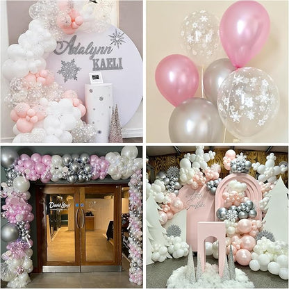 Pink and Silver Balloons 12 Inch Winter Onederland Snowflake Balloon Pearl Pink White Silver Metallic Latex Party Balloons for Winter Christmas Wonderland Girl Birthday Baby Shower Decorations
