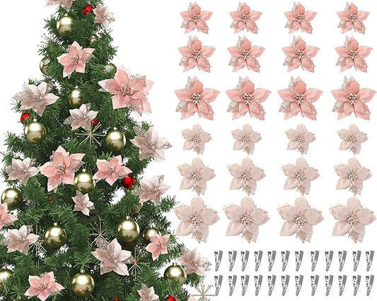 WILLBOND 36 Pieces Christmas Poinsettia Glitter Faux Flowers Christmas Artificial Flowers Tree Ornaments Topper Xmas Decorations(Champagne Gold, Rose Gold)