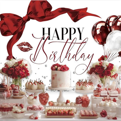 Burgundy Bow Backdrop 8Wx6H Photography Girls Coquette Happy Birthday Decorations Lips Diamond Balloons Background Women Bachelorette Party Decorations Banner Photo Booth Props Supplies