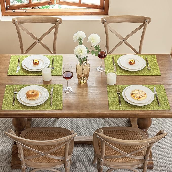 Blue Forest Placemats Set of 6, Dual-Layered Thickened Faux Linen Cloth Place Mats Heat Resistant Machine Washable Wrinkle Free Table Mats Indoor/Outdoor (Lime Green)