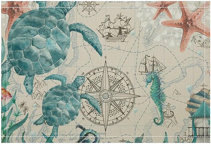 Sea Turtles Placemats Beach Nautical Ocean Starfish Seashell Art Printed Dining Table Mats Set of 4 for Restaurant Home Kitchen Holiday Picnic Party Decor 12x18in