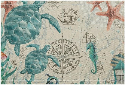 Sea Turtles Placemats Beach Nautical Ocean Starfish Seashell Art Printed Dining Table Mats Set of 4 for Restaurant Home Kitchen Holiday Picnic Party Decor 12x18in