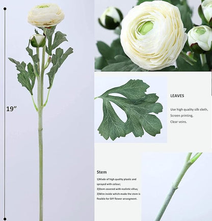 Artificial Ranunculus Flowers with Real Touch Stem, Silk Ranunculus Flowers (6 Pack) (White)