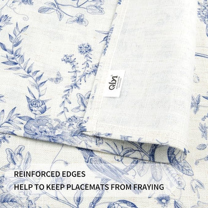 QIYI Boho Placemats Set of 4, 12x18 Inch Linen Fabric Place Mats for Kitchen Dinning, Farmhouse Rustic Floral Cloth Table Mats, Washable Placemat Botanical Party Table Décor, Blue Garden